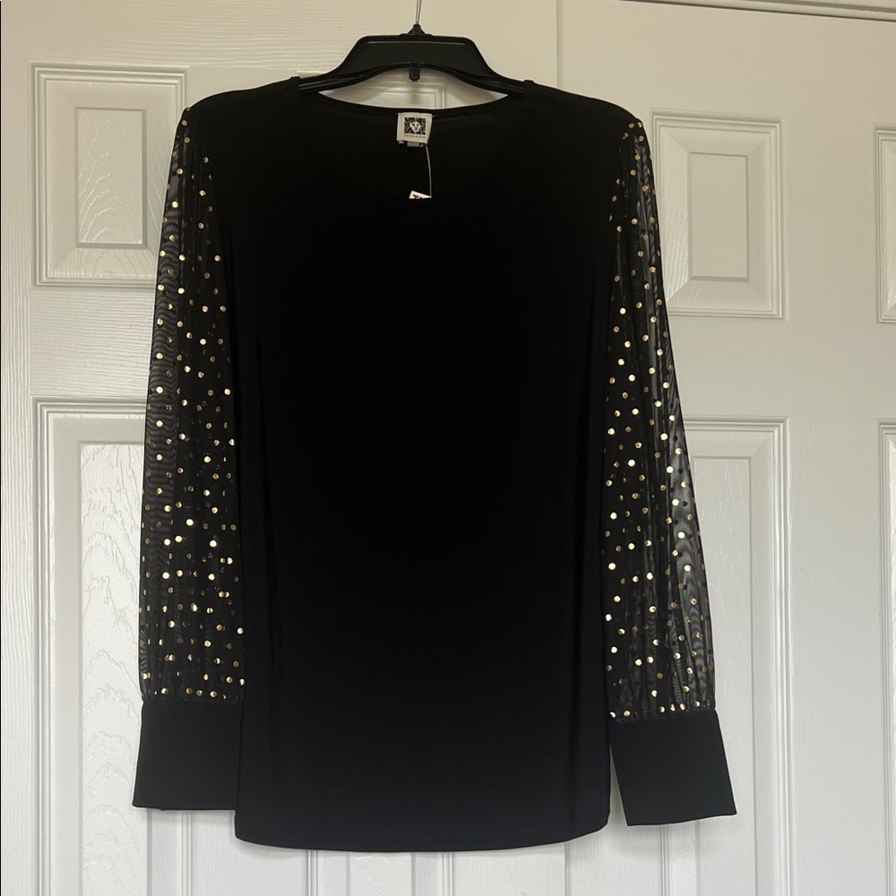 Anne Klein Black Blouse with Gold Dot Sleeves